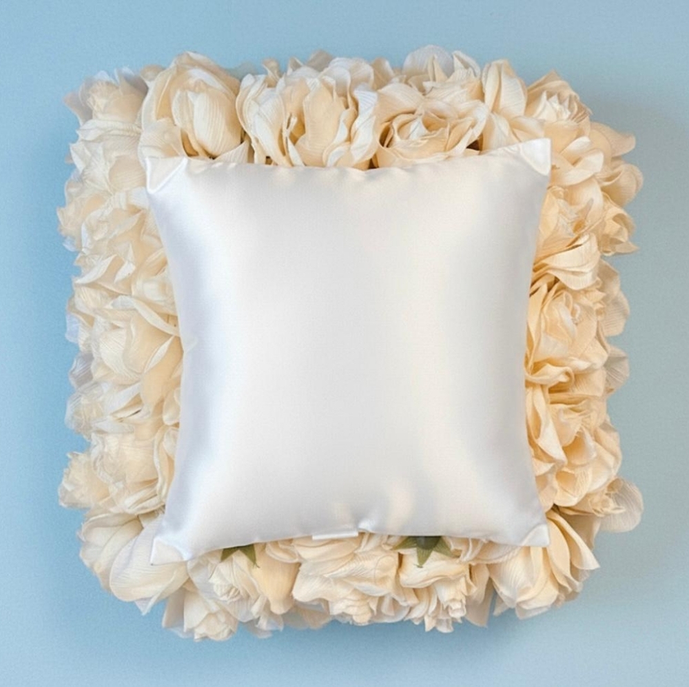 14”X14” ELEGANT RING PILLOW ADORNED WITH CREAM ROSES. IDEAL FOR WEDDING CEREMONY - Picture 2 of 3